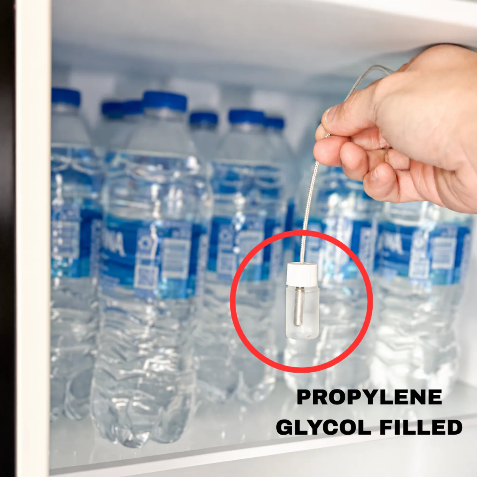 probe on the middle shelf among water bottles